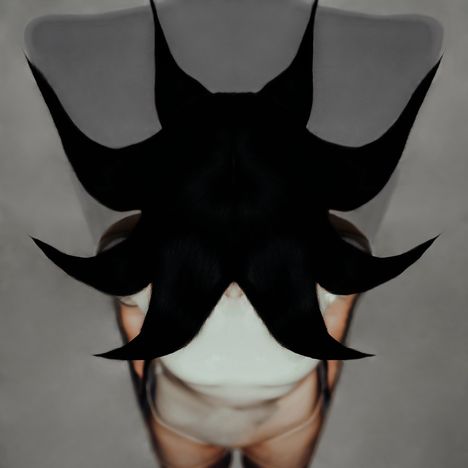 Eine Person mit schwarzen Haaren, die nach oben in spitzen Formen gestylt sind. Die Perspektive ist von oben.