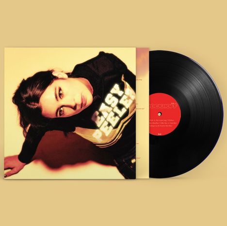 Text: "EASY PEELER". Eine Person liegt halb am Boden, ein Vinyl-Schallplatte ist daneben sichtbar. Warme Farbgebung.