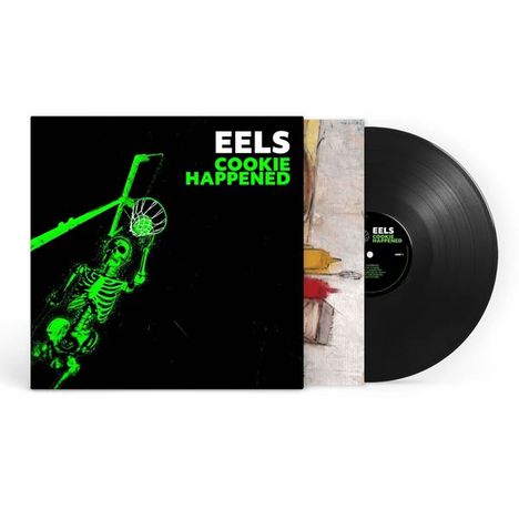 Text: "EELS COOKIE HAPPENED". Ein Skelett in grellem Grün spielt Basketball. Eine Schallplatte ist teilweise sichtbar.