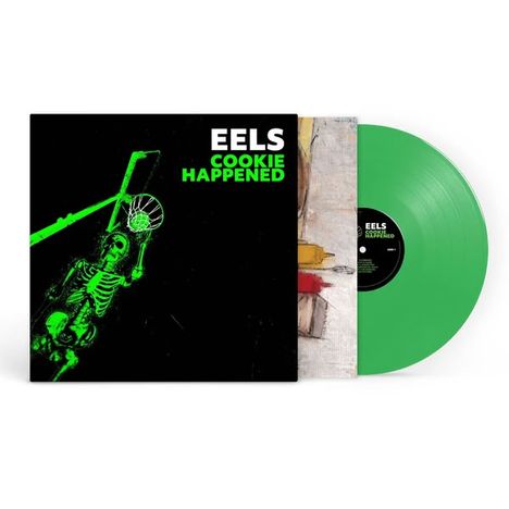 "EELS COOKIE HAPPENED" ist in großen Buchstaben auf einem Cover zu sehen. Grünes Vinyl, Skelett spielt Basketball.