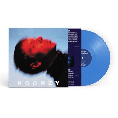 NOONZY. Ein rotes Vinyl mit unscharfem Porträt in Blau- und Rottönen.