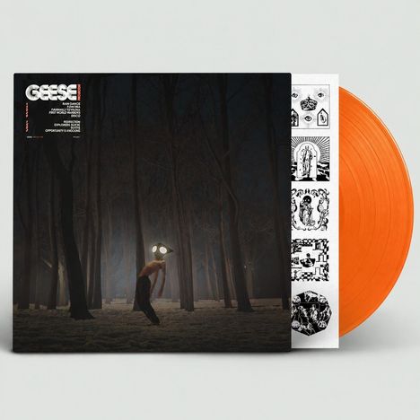 „GEESE“ oben links. Songtitel darunter. Im Wald steht eine Person mit einer leuchtenden Maske, orange Vinyl sichtbar.