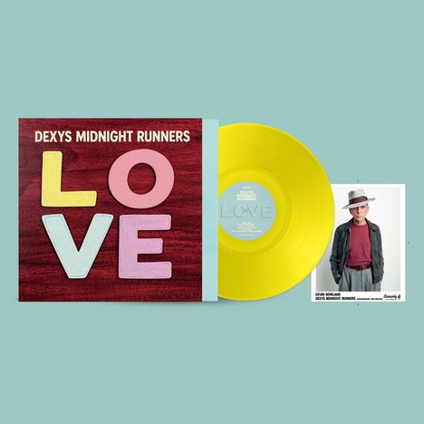 Text: "DEXYS MIDNIGHT RUNNERS", "LOVE", "KEVIN ROWLAND". Gelbe Vinyl-Schallplatte, Bild eines Mannes mit Hut.