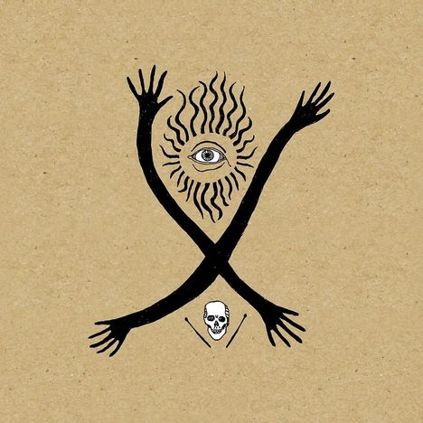 Illustration: Zwei gekreuzte schwarze Arme, in der Mitte ein Auge mit Strahlen, darunter ein Totenkopf mit zwei Stäben.