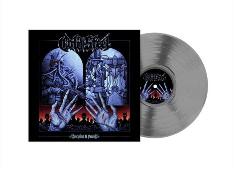 "Cold Steel" oben, "Discipline & Punish" unten. Graue Schallplatte, düstere Illustrationen von Maschinen und Händen.