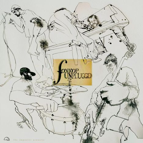 "Fonkop Funpluggd" ist mittig in einer Illustration mit Musikern und Instrumenten. Unten steht "the imposter acoustic".