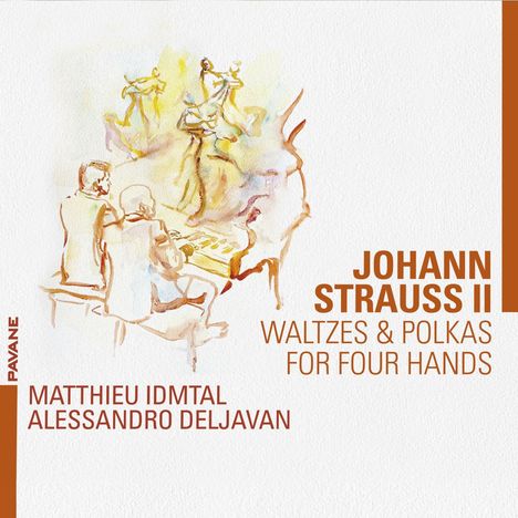 Titel: Johann Strauss II, Waltzes & Polkas for Four Hands. Links ein Aquarell von zwei Pianisten und tanzenden Paaren.