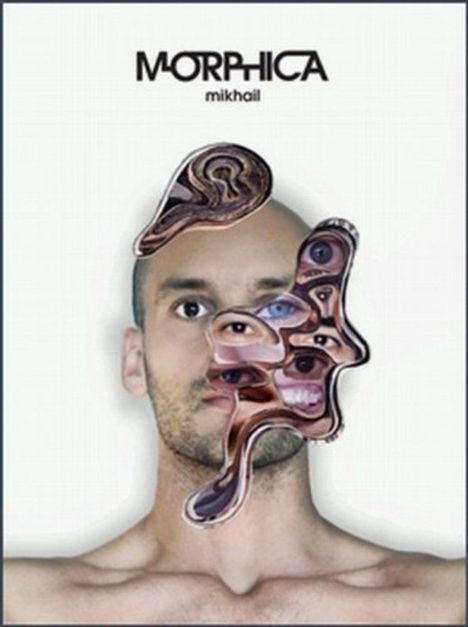 Text: "MORPHICA mikhail." Gesicht eines Mannes mit verzogenen, surrealen Gesichtszügen in der Mitte.