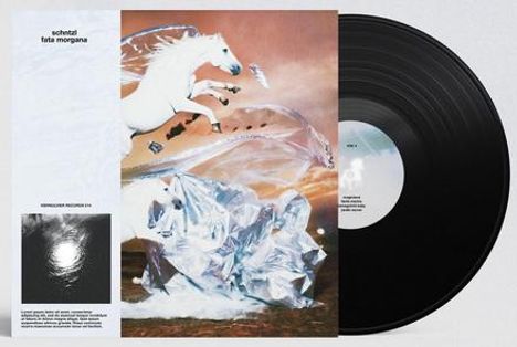 Aufschrift: "schntzl fata morgana". Cover zeigt weiße Pferde, die über eisähnliche Formen springen. Schwarze Vinyl-Schallplatte.