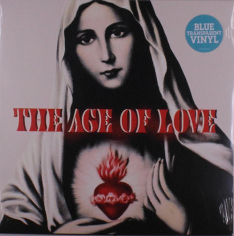 „THE AGE OF LOVE“ in roter Schrift. Runde blaue Plakette mit „BLUE TRANSPARENT VINYL“. Illustration einer Frau mit Flammenherz.