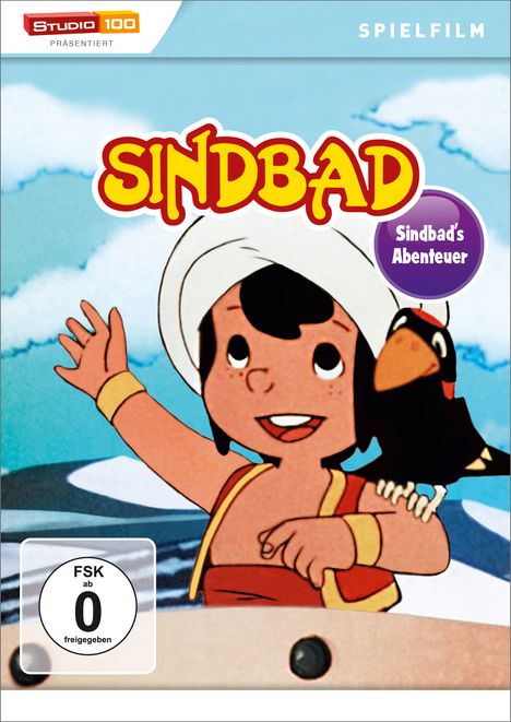 Text: "Sinbad", "Sindbad's Abenteuer", "FSK ab 0". Illustration: Junge mit Turban und schwarzem Vogel auf der Schulter, Meereshintergrund.
