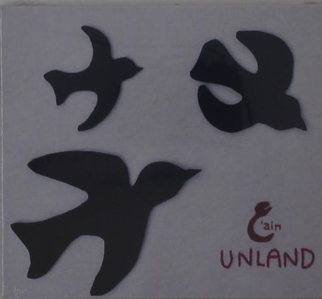Text: "'E'ain UNLAND". Drei schwarze Vogel-Silhouetten auf grauem Hintergrund. Minimalistischer Stil.