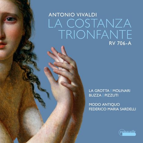 „Antonio Vivaldi La Costanza Trionfante RV 706-A.“ Illustration einer halb abgebildeten Frau mit erhobener Hand.