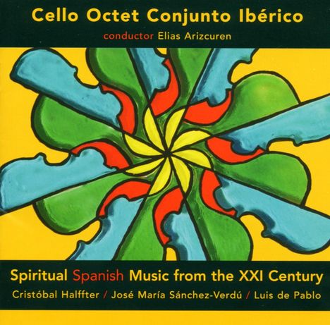 „Cello Octet Conjunto Ibérico", ein kaleidoskopartiges, farbenfrohes Muster in Blau, Grün, Rot und Gelb.