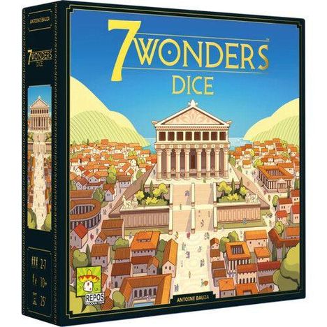 "7 Wonders Dice" in großen Buchstaben. Illustration eines Tempels auf einem Hügel, umgeben von antiken Gebäuden und Bergen.