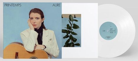 Texte: "PRINTEMPS", "AURE". Eine Frau mit Gitarre in Weiß vor blauem Hintergrund, daneben weiße Vinyl-Schallplatte.