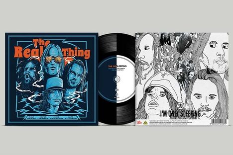 Links steht „The Real Thing“ in orange Schrift, rechts „I'M ONLY SLEEPING.“. Zeichnungen von Gesichtern und eine Schallplatte.