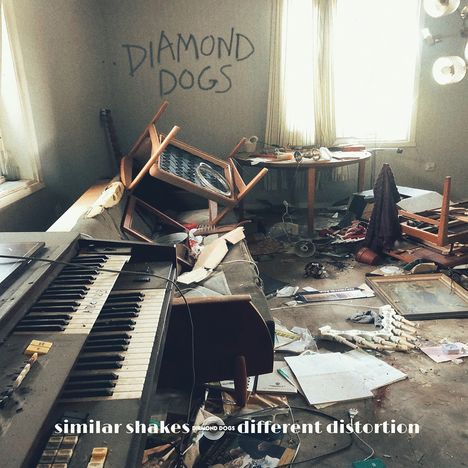 „Diamond Dogs“ an der Wand, „similar shakes different distortion“ unten. Chaotischer Raum mit umgeworfenen Möbeln.