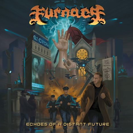 „Furnace“ oben, „Echoes of a Distant Future“ unten. Sci-Fi-Szene mit Polizisten, Drohnen und futuristischen Gebäuden.