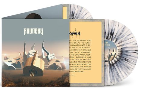 Text: "RAUNCHY". Surrealistische 3D-Struktur aus Buchstaben in karger Landschaft, mit Lichtstrahlen und Nebel.
