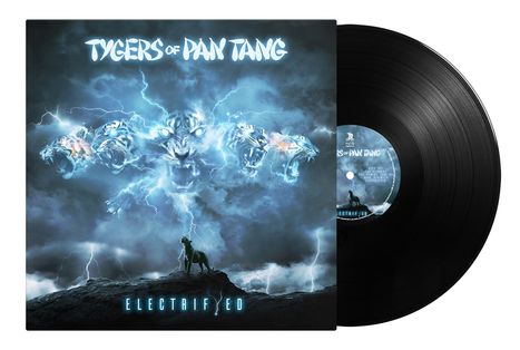"Tygers of Pan Tang" und "Electrified". Ein Tiger steht auf einem Felsen, Blitz und Tigerköpfe im Hintergrund.