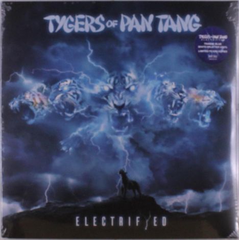 "Tygers of Pan Tang", "Electrified". Stürmischer Himmel, bläuliche Blitze, tigerähnliche Gesichter, Silhouette eines Hundes.
