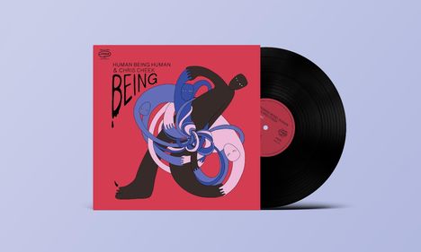 Titel: "Being", "Human Being Human & Chris Cheek". Abstrakte bunte Figuren. Vinyl-Schallplatte sichtbar.