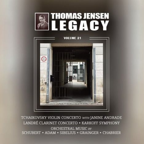 "Thomas Jensen Legacy Volume 21" steht oben. Mitte: Foto eines Gebäudeeingangs. Unten: Details zu Musikstücken und Komponisten.