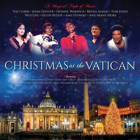 "Christmas at the Vatican" mit Künstlernamen und Liedertiteln. Oben Fotos von Künstlern, unten beleuchteter Petersdom und ein Weihnachtsbaum.
