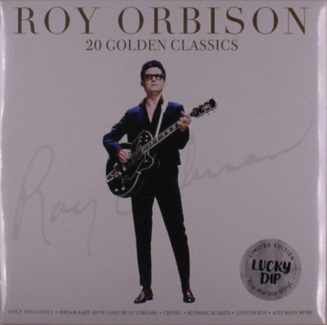 "ROY ORBISON 20 GOLDEN CLASSICS." Ein Mann in schwarzem Anzug mit Gitarre, runde Brille. Silbernes "Lucky Dip"-Sticker.