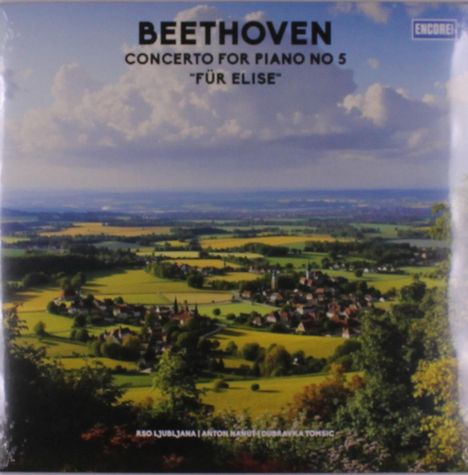 "BEETHOVEN CONCERTO FOR PIANO NO 5 'FÜR ELISE'. Landschaft mit Dorf und weiten Feldern unter einem bewölkten Himmel."
