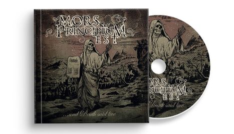 Texte: "MORS PRINCIPIUM EST" "...and Death said live". Illustration: Skelett mit Kapuze in düsterer Landschaft.