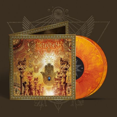 Text „Melechesh Enki“. Ornate Albumcover mit mythischen Figuren, Handmotiv und orangefarbener Schallplatte.