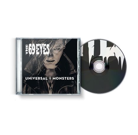 "The 69 Eyes", "Universal Monsters". CD-Hülle mit Porträt eines Mannes in Lederjacke, daneben die CD mit düsterem Muster.