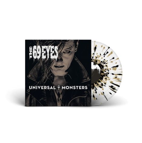 Text: "The 69 Eyes, Universal Monsters." Schwarz-weißes Albumcover mit einem düsteren Charakter. Vinyl mit Spritzdesign.