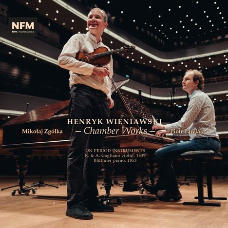 Texte: "Henryk Wieniawski – Chamber Works", "Mikołaj Zgółka", "Piotr Pawlak". Zwei Musiker auf Bühne mit Geige und Klavier.