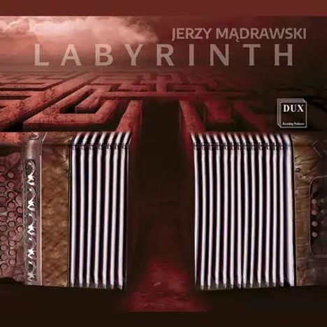 Text: "JERZY MĄDRAWSKI LABYRINTH", "DUX Recording Producers". Akkordeon, das sich in ein Labyrinth verwandelt.