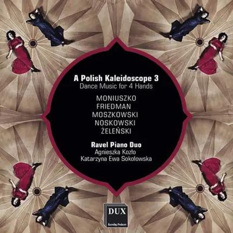 "A Polish Kaleidoscope 3: Dance Music for 4 Hands" und Interpreten- und Komponistennamen in einem kaleidoskopischen Muster.