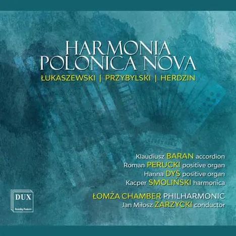 "Harmonia Polonica Nova" mit Künstler- und Instrumentennamen. Grüner Hintergrund, Logo "DUX" unten links.