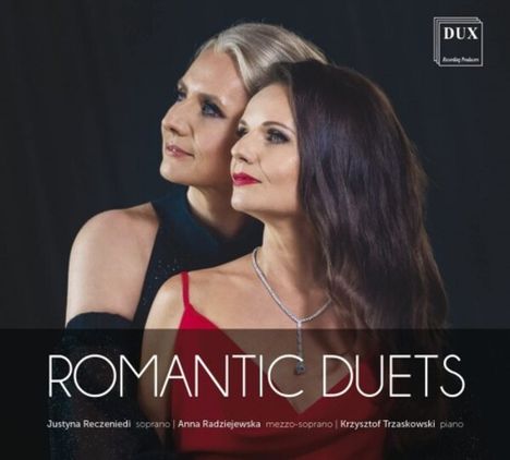 Cover mit den Worten: "ROMANTIC DUETS". Zwei Frauen in eleganter Kleidung, eine blond, die andere brünett, blicken nach oben.