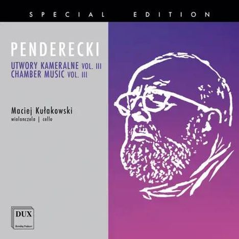 PENDERECKI: Kammermusik Vol. III. Maciej Kułakowski, Cello. Links violetter Bereich, rechts weiße Illustration eines Mannes.