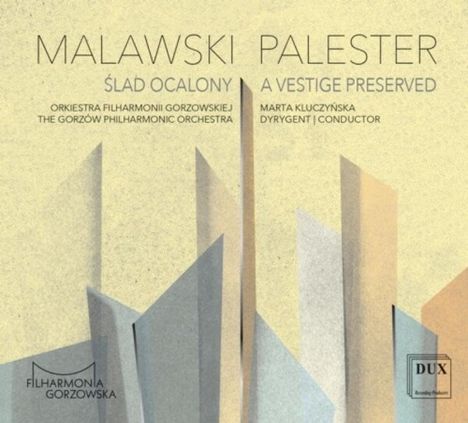"Malawski Palester" und "Ślad ocalony A Vestige Preserved" in großer Schrift, geometrische Formen in Pastelltönen.
