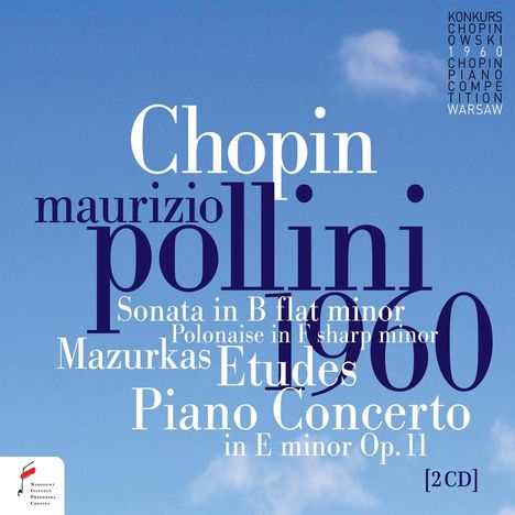Große Wörter "Chopin", "pollini", "1960" auf blauem Hintergrund. Erwähnt: Sonata, Polonaise, Mazurkas, Etudes, Piano Concerto.