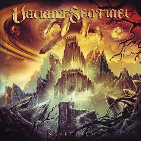 "Unholy Sentinel" und "Neverrealm" in gotischer Schrift. Dramatische Landschaft mit dunklem Turm, riesige Hand und Planeten.