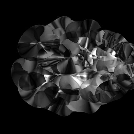 Mehrschichtige, abstrakte schwarz-weiße Formen erzeugen eine futuristisch wirkende, metallische Komposition.