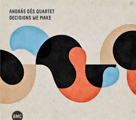 ANDRÁS DÉS QUARTET DECISIONS WE MAKE. Abstrakte Illustration mit geschwungenen Formen in Blau, Schwarz und Rot.