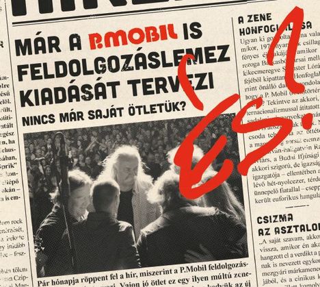 Zeitungsartikel auf Ungarisch, große rote Schrift: "B. Mobil" und "Yes". Schwarz-weißes Foto von fünf Personen in einem Gespräch.