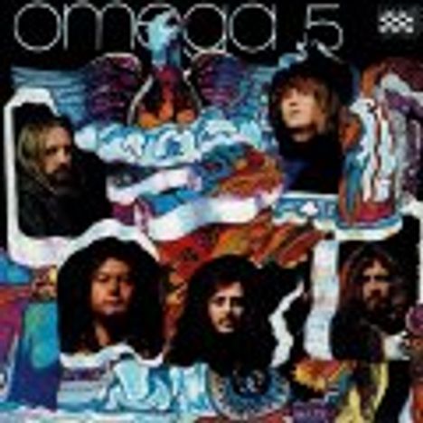 Text "omega 5". Fünf Köpfe vor buntem, psychedelischem Hintergrund.