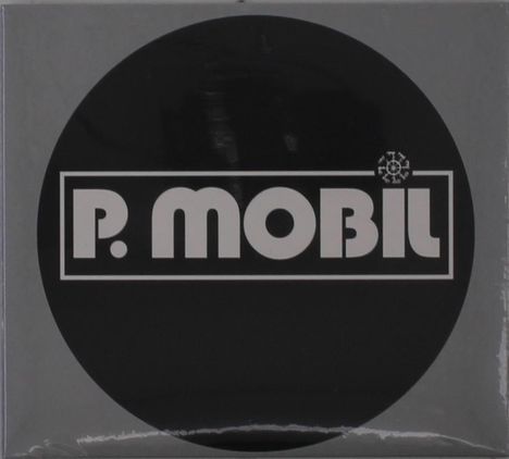 Text: "P. MOBIL". In einem schwarzen Kreis, weißer Text mit Logo.