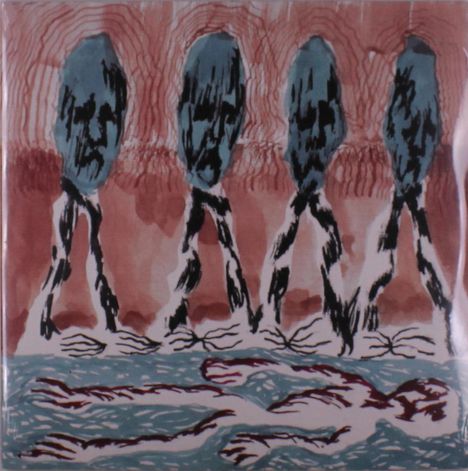 Illustration: Vier blaue, maskenartige Köpfe über einer liegenden weißen Figur, rot-brauner Hintergrund.